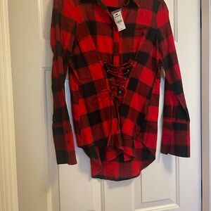Express Red and Black Plaid Lace-Up Women's Shirt